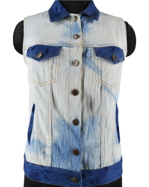 Hand-crafted Khadi Denim Sleeveless Trucker Jacket for Women - Custom Tie & Dye with Natural Indigo