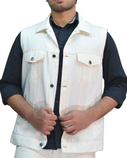 Ecofriendly Handloom Selvedge Denim Trucker Sleeveless Jacket Men White