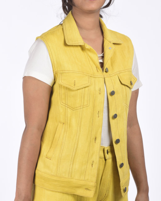 Eco-friendly Khadi Denim Sleeve-less Trucker Jacket Marigold Extract Fabric Dye