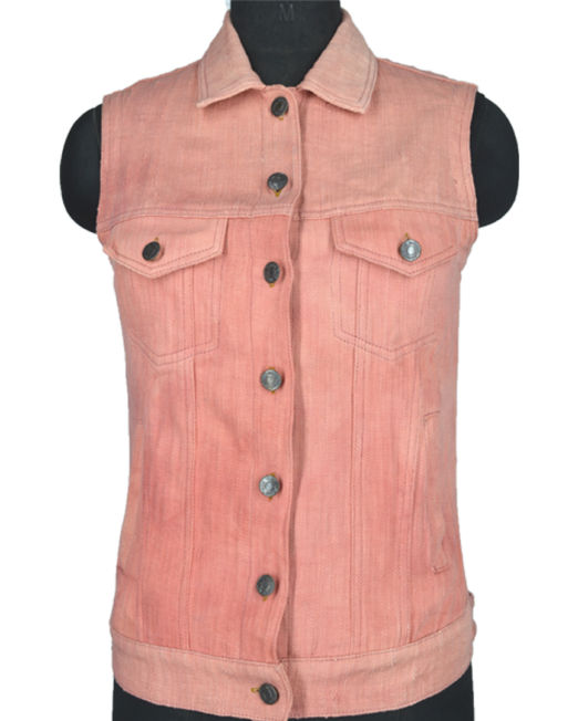 Hand-crafted Khadi Denim Sleeveless Trucker Jacket for Women - Custom Fabric Dye with Madder Root Dye